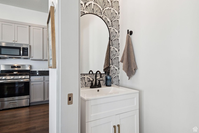 bathroom with wood finished floors and vanity