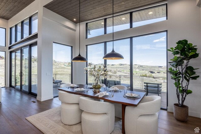 9881 N Uinta Dr, Kamas, UT 84036 - dining room with wood-type flooring, a towering ceiling, and plenty of natural light