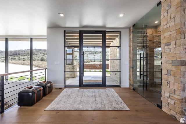 doorway featuring expansive windows, a wealth of natural light, and wood finished floors