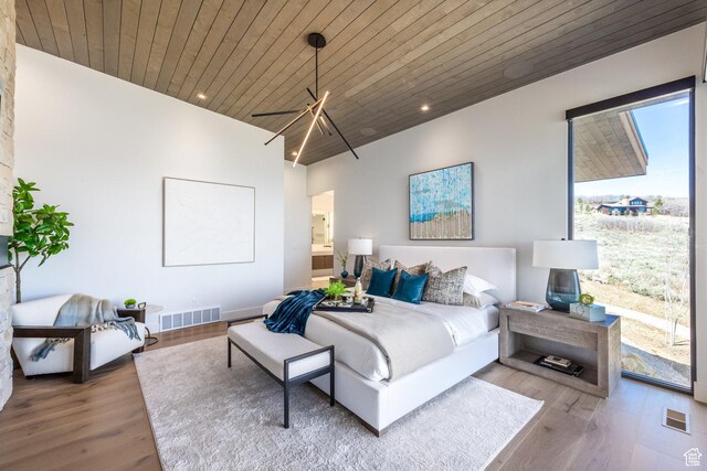 9881 N Uinta Dr, Kamas, UT 84036 - bedroom with wooden ceiling, wood finished floors, visible vents, and recessed lighting