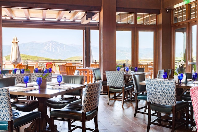 dining room featuring wood-type flooring, a mountain view, and a healthy amount of sunlight