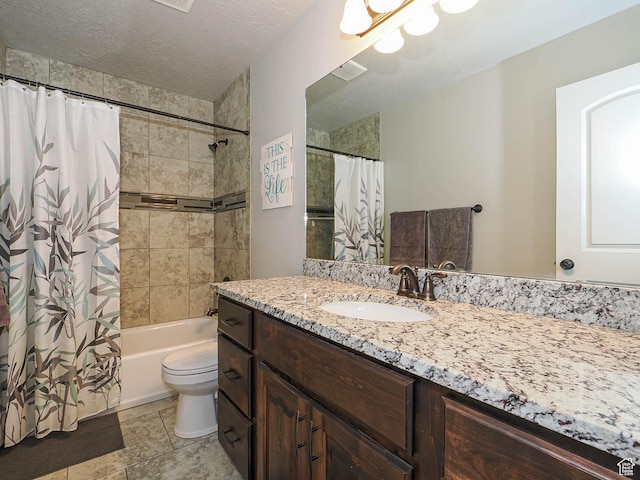 bathroom featuring vanity, visible vents, toilet, tile patterned flooring, and shower / bath combo with shower curtain