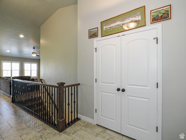 stairway featuring recessed lighting, tile patterned floors, baseboards, and ceiling fan