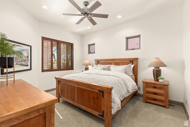 2410 W Entrada Trl Unit 15, St George, UT 84770 - bedroom with ceiling fan, baseboards, light carpet, and recessed lighting