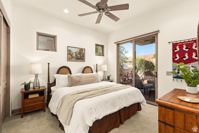 2410 W Entrada Trl Unit 15, St George, UT 84770 - bedroom featuring light carpet, a ceiling fan, access to outside, and recessed lighting