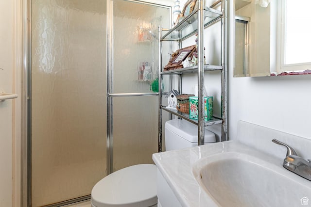 bathroom featuring vanity, a shower stall, and toilet