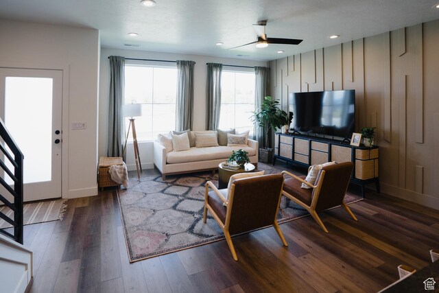 245 E 850 S Unit 149, Spanish Fork, UT 84660 - living area with dark wood-type flooring, baseboards, ceiling fan, and recessed lighting
