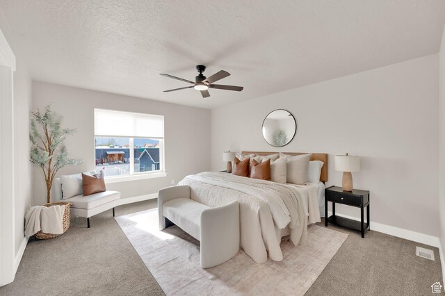 227 N 250 E, Salem, UT 84653 - bedroom featuring a textured ceiling, baseboards, visible vents, light colored carpet, and ceiling fan