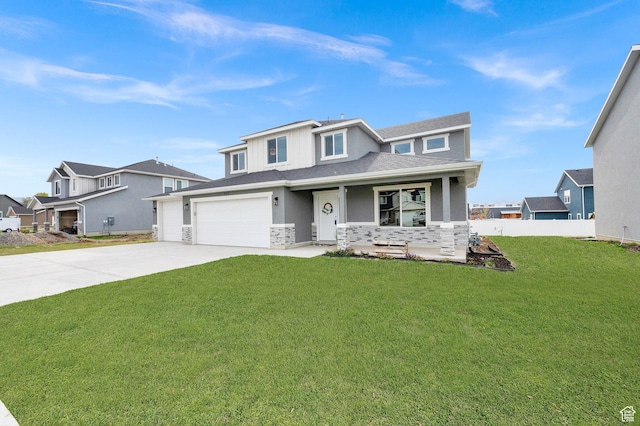 227 N 250 E, Salem, UT 84653 - view of front of home with fence, stone siding, driveway, and covered porch