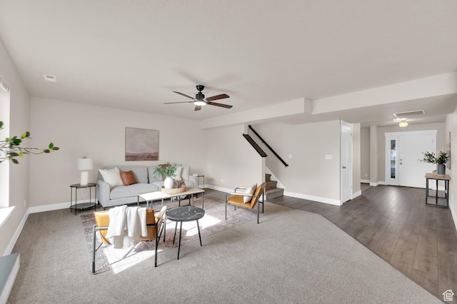 227 N 250 E, Salem, UT 84653 - living room with visible vents, baseboards, wood finished floors, a ceiling fan, and stairs