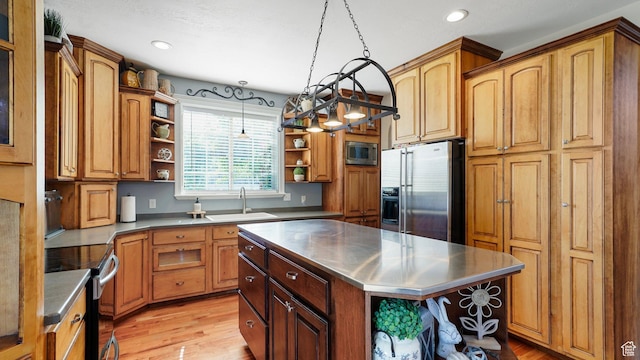 1229 E 1710 S, Spanish Fork, UT 84660 - kitchen with stainless steel appliances, open shelves, a sink, light wood-style floors, and stainless steel counters