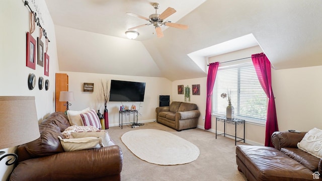 1229 E 1710 S, Spanish Fork, UT 84660 - living room featuring light colored carpet, ceiling fan, lofted ceiling, and baseboards