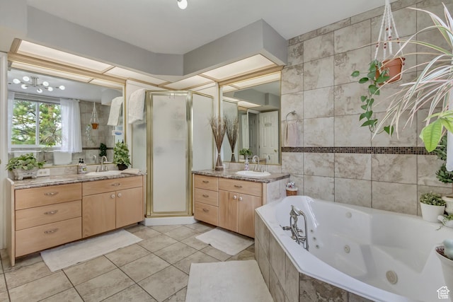 217 W 990 N, American Fork, UT 84003 - full bath featuring a shower stall, two vanities, a sink, and a jetted tub