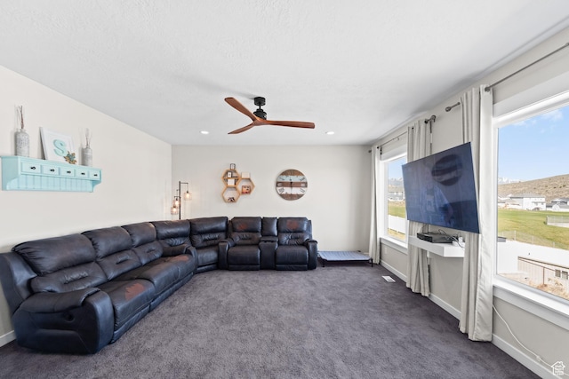 2671 E White Birch Dr, Eagle Mountain, UT 84005 - living area with dark carpet and ceiling fan