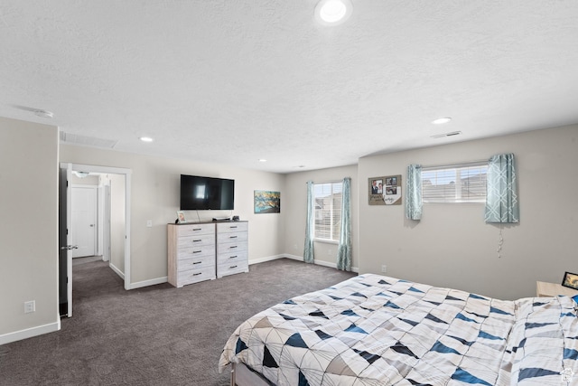 2671 E White Birch Dr, Eagle Mountain, UT 84005 - bedroom featuring dark carpet, visible vents, a textured ceiling, and recessed lighting