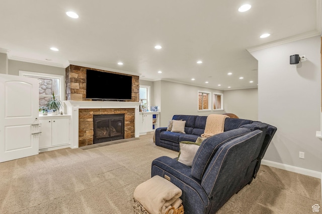 9470 N Canyon Heights Dr, Cedar Hills, UT 84062 - carpeted living area featuring a fireplace, baseboards, ornamental molding, and recessed lighting