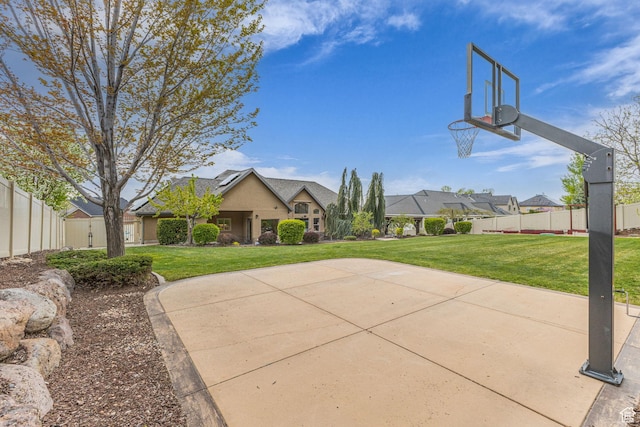 9470 N Canyon Heights Dr, Cedar Hills, UT 84062 - view of basketball court with basketball court, a yard, and fence