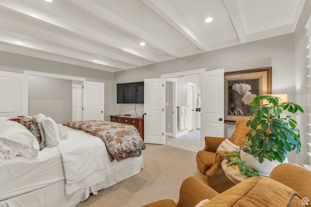 9470 N Canyon Heights Dr, Cedar Hills, UT 84062 - bedroom with light tile patterned floors, beam ceiling, and recessed lighting