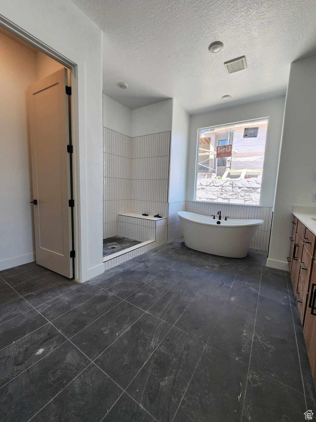4197 N Maple Hollow Dr Unit 120, Lehi, UT 84043 - bathroom with vanity, a freestanding tub, a textured ceiling, and a shower stall