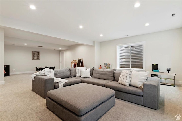 314 W Founders Blvd S, Saratoga Springs, UT 84045 - living area featuring light colored carpet, baseboards, visible vents, and recessed lighting