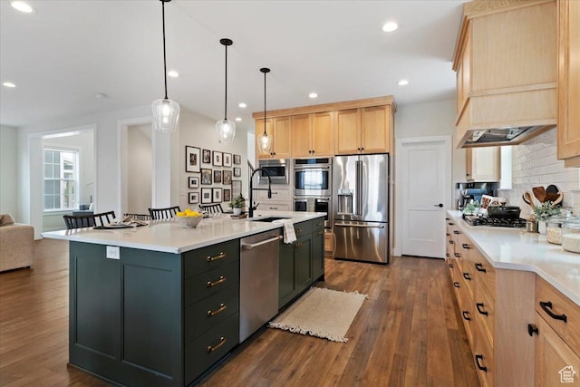314 W Founders Blvd S, Saratoga Springs, UT 84045 - kitchen featuring stainless steel appliances, light countertops, dark wood finished floors, decorative backsplash, and light brown cabinets