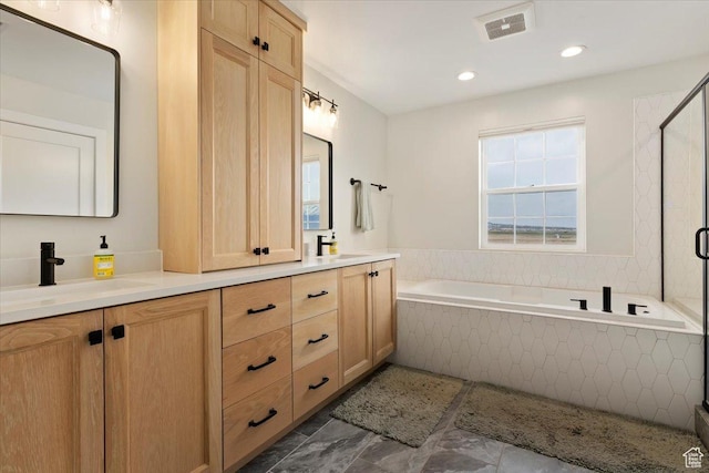 314 W Founders Blvd S, Saratoga Springs, UT 84045 - bathroom with double vanity, visible vents, a sink, a garden tub, and a stall shower