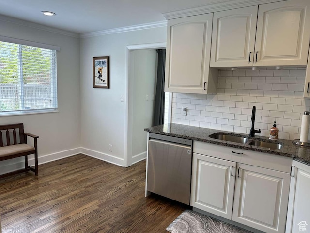 5843 S Fontaine Bleu Cir, Salt Lake City, UT 84121 - kitchen featuring stainless steel dishwasher, crown molding, a sink, white cabinetry, and dark wood-style floors