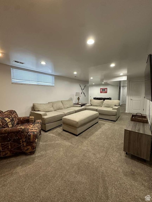 5843 S Fontaine Bleu Cir, Salt Lake City, UT 84121 - living room featuring recessed lighting, visible vents, and carpet flooring