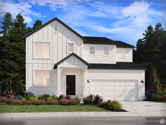 modern inspired farmhouse with board and batten siding, driveway, roof with shingles, and a garage