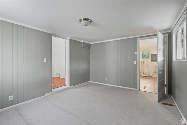 interior space with electric panel, wood walls, baseboards, ornamental molding, and carpet floors
