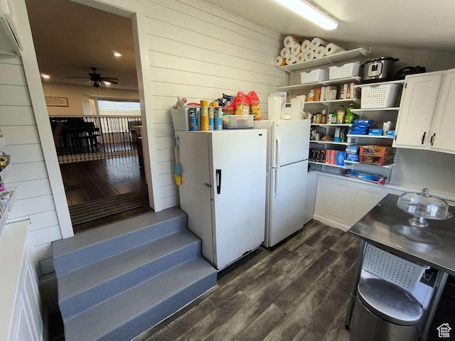 410 E 500 N, Ephraim, UT 84627 - kitchen featuring a ceiling fan, open shelves, white cabinets, dark wood-style flooring, and freestanding refrigerator