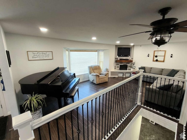 410 E 500 N, Ephraim, UT 84627 - living room with a stone fireplace, a ceiling fan, wood finished floors, and recessed lighting