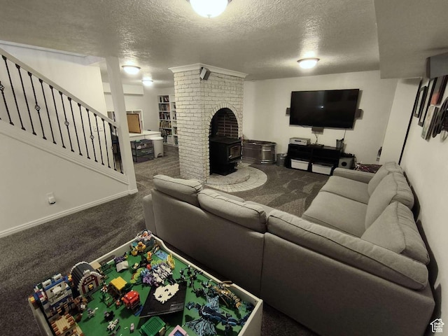 410 E 500 N, Ephraim, UT 84627 - carpeted living room featuring a textured ceiling, stairway, and a wood stove