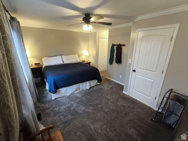 410 E 500 N, Ephraim, UT 84627 - bedroom with a ceiling fan, baseboards, carpet floors, and ornamental molding