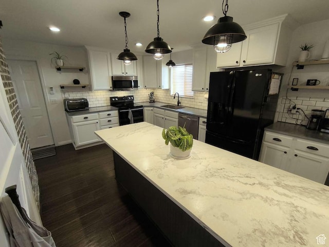 410 E 500 N, Ephraim, UT 84627 - kitchen featuring tasteful backsplash, open shelves, a sink, black appliances, and white cabinets
