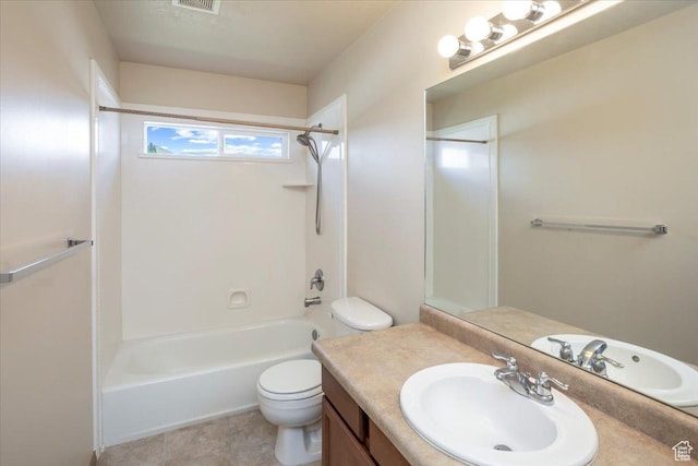 full bathroom featuring visible vents, toilet, vanity, and bathing tub / shower combination