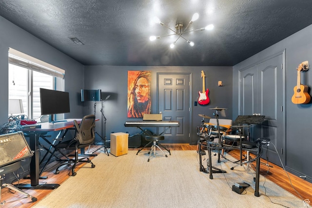 1962 E Meadow Downs Way S, Cottonwood Heights, UT 84121 - home office with a chandelier, a textured ceiling, wood finished floors, and visible vents