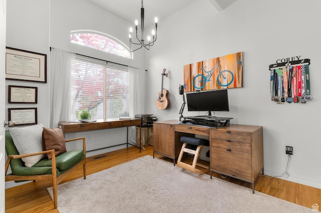 1962 E Meadow Downs Way S, Cottonwood Heights, UT 84121 - office space with high vaulted ceiling, baseboards, a notable chandelier, and wood finished floors