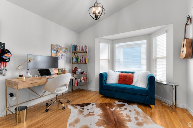 1962 E Meadow Downs Way S, Cottonwood Heights, UT 84121 - office with lofted ceiling, baseboards, wood finished floors, and an inviting chandelier