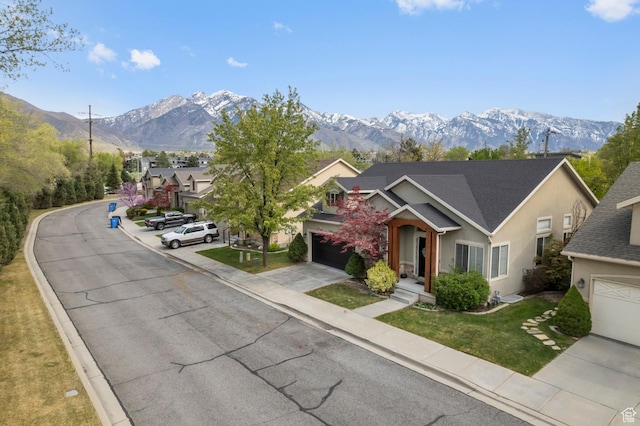 1962 E Meadow Downs Way S, Cottonwood Heights, UT 84121 - exterior space featuring stucco siding, a mountain view, concrete driveway, and a front yard