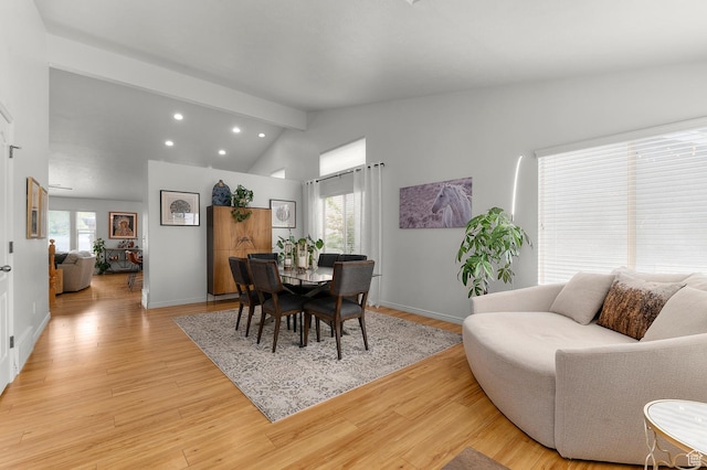 1962 E Meadow Downs Way S, Cottonwood Heights, UT 84121 - dining area featuring light wood-type flooring, a healthy amount of sunlight, and lofted ceiling with beams