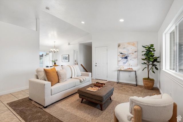 6263 W Oak Gate Dr, West Jordan, UT 84081 - living room featuring a chandelier, lofted ceiling, baseboards, and light tile patterned floors