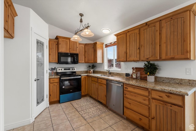 6263 W Oak Gate Dr, West Jordan, UT 84081 - kitchen featuring lofted ceiling, a sink, black microwave, dishwasher, and range with electric stovetop