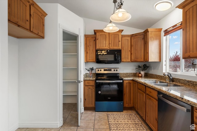 6263 W Oak Gate Dr, West Jordan, UT 84081 - kitchen with stainless steel dishwasher, a sink, black microwave, range with electric stovetop, and lofted ceiling
