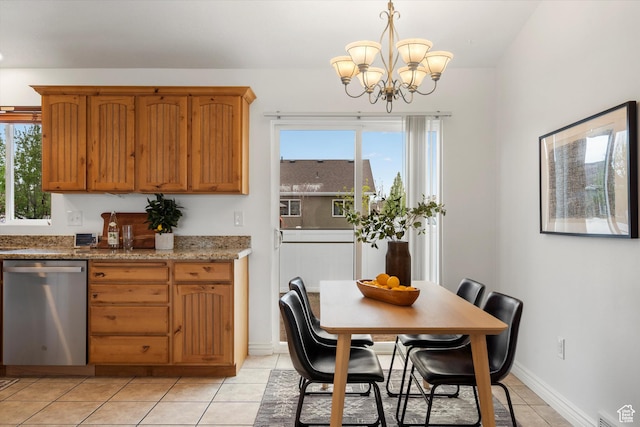 6263 W Oak Gate Dr, West Jordan, UT 84081 - dining area featuring light tile patterned flooring, visible vents, baseboards, and a notable chandelier