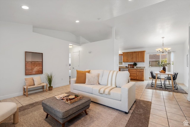 6263 W Oak Gate Dr, West Jordan, UT 84081 - living room featuring recessed lighting, vaulted ceiling, light tile patterned flooring, baseboards, and a notable chandelier