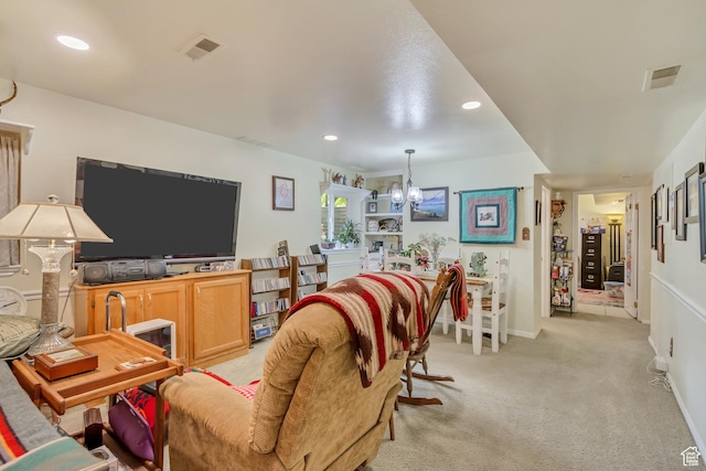982 E 315 S, Orem, UT 84097 - living room featuring an inviting chandelier, light carpet, visible vents, and recessed lighting