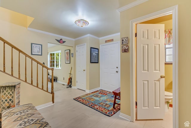 982 E 315 S, Orem, UT 84097 - foyer entrance featuring stairway, baseboards, ornamental molding, and light wood finished floors