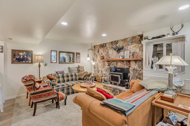 982 E 315 S, Orem, UT 84097 - living room with recessed lighting, a wood stove, baseboards, and visible vents