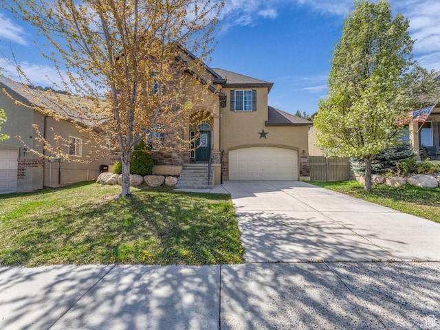 view of front of home featuring stucco siding, stone siding, concrete driveway, and an attached garage